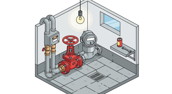 Industrial water meter and valve system in utility room isometric view