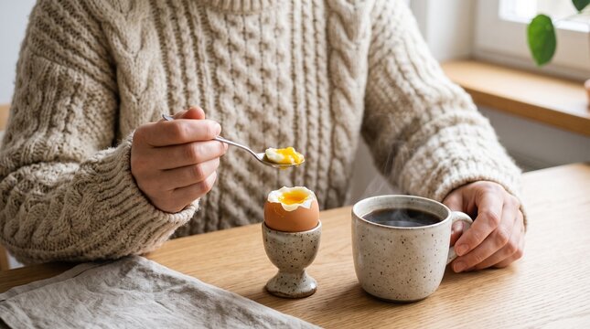 Person in knit sweater eating a soft boiled egg with coffee at home