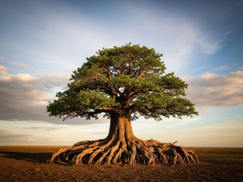 Large tree with exposed roots in open field at sunset