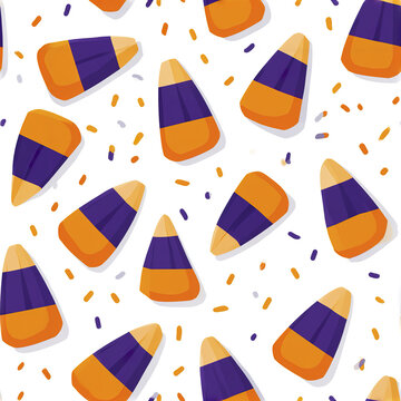Halloween candy corn pattern with orange and purple stripes and festive sprinkles on white background