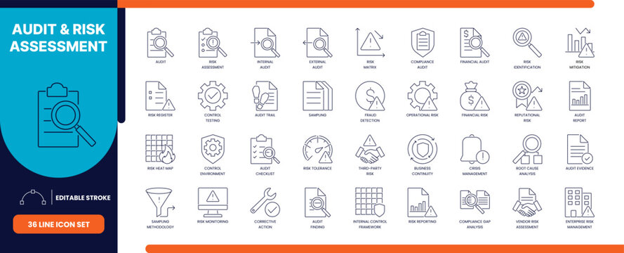 Audit and risk assessment line icon set