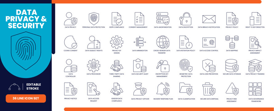 Data privacy and security line icon set