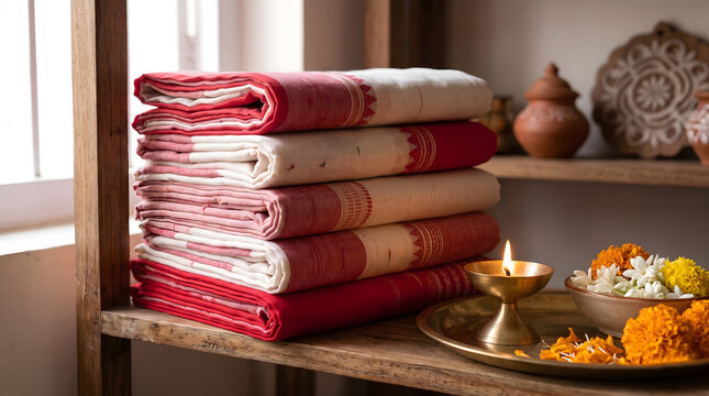 Bengali Traditional Lal Paar Sari Stack on Display with Lit Diya and Flowers for Durga Puja and Diwali Festival Background