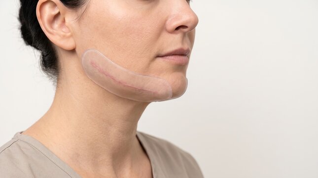 Female Patient Wearing Silicone Gel Sheet on Jawline for Post Surgery Scar Healing