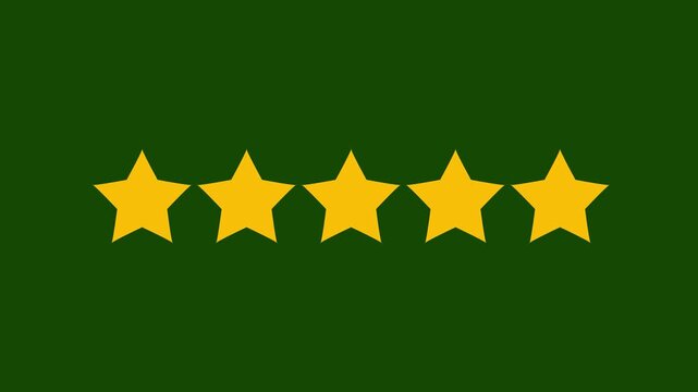 Special with rating star icon animation. Golden glowing five star flat symbol animation with transparent black background. Customer feedback, 5 star rating 4k animation