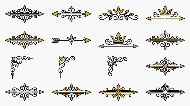 Elegant Gold and Black Ornamental Arrow and Crown Decorative Elements Set