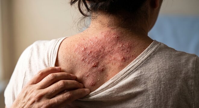 Close up of severe shingles herpes zoster rash or eczema on human back