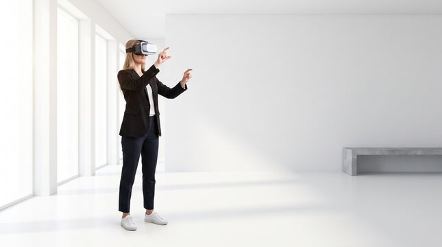 Businesswoman wearing virtual reality headset gesturing in modern white minimalist office interior