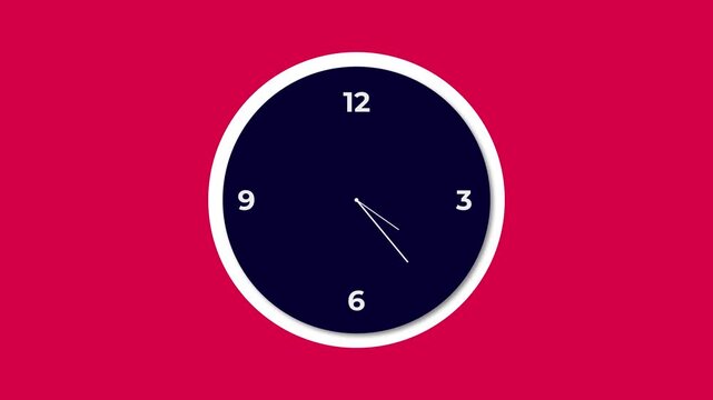 Round wall clock with white rim and navy face on crimson background, thin hands turning past numerals 12, 3, 6 and 9