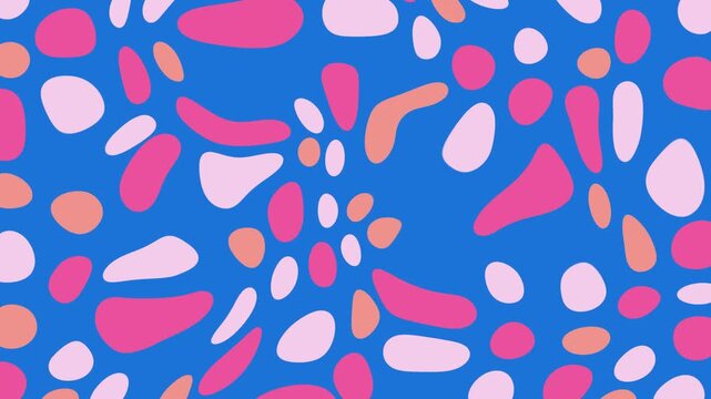 Abstract seamless pattern with organic pink and peach shapes on a bright blue background.