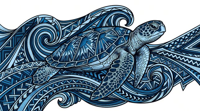 Sea turtle swimming in ocean wave ornate zentangle art style vector illustration
