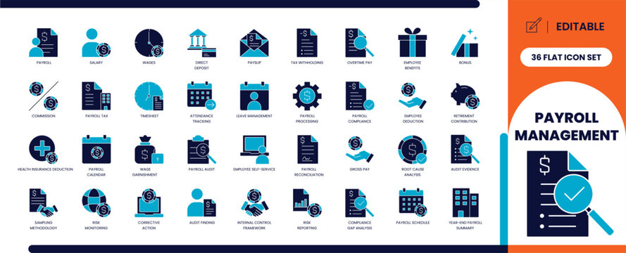 Payroll management glyph icon set for salary and HR finance