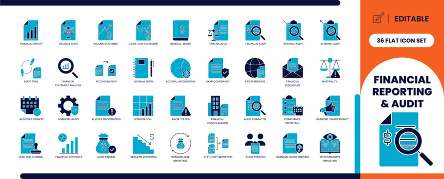Financial reporting and audit glyph icon set for accounting