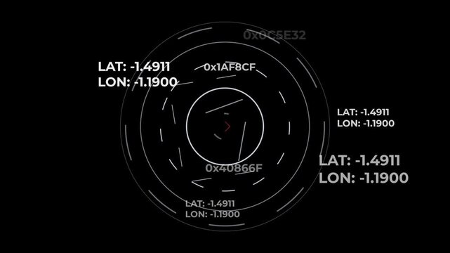 White circular rings with LAT and LON coordinates and hexadecimal codes changing on black background, futuristic data scan