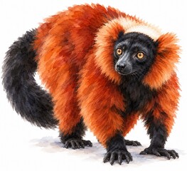 Fototapeta premium Red ruffed lemur with black face and pale neck ruff in expressive watercolor isolated on a clean white background