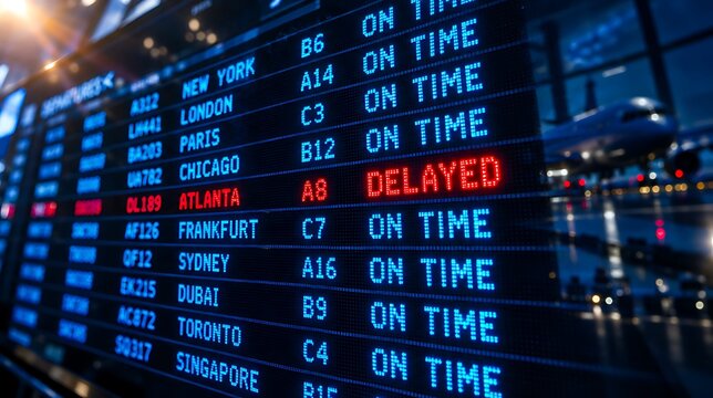 Airport flight information display showing on time and delayed departures in a modern terminal