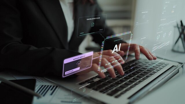 An AI cognitive hub connects knowledge retrieval, contextual memory and service integration, using logic and quality checks to coordinate information processing.