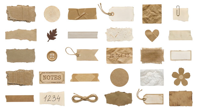Set of assorted paper scraps, cardboard tags, buttons, and office supplies on black