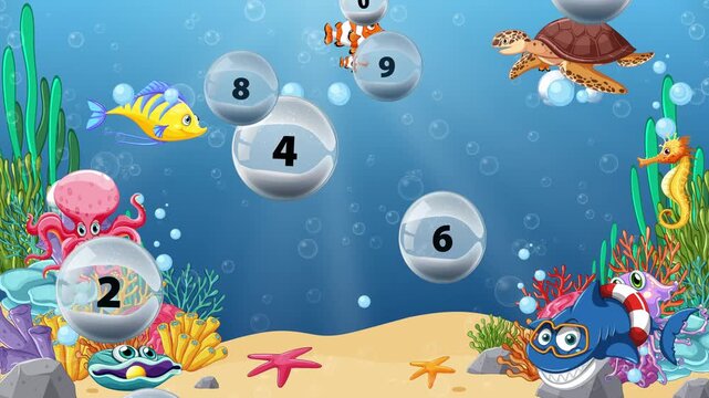 Animated Cartoon Underwater Scene with Falling Numbered Spheres
