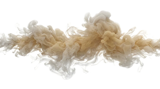 Swirling white and beige ink clouds dissolving in water isolated on black background