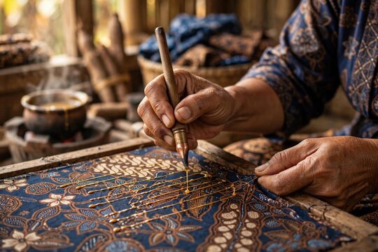 Elderly Javanese artisan hands making traditional Indonesian batik with canting and hot wax
