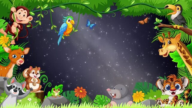 Cartoon Jungle Animal Frame with Drifting Night Sky Background