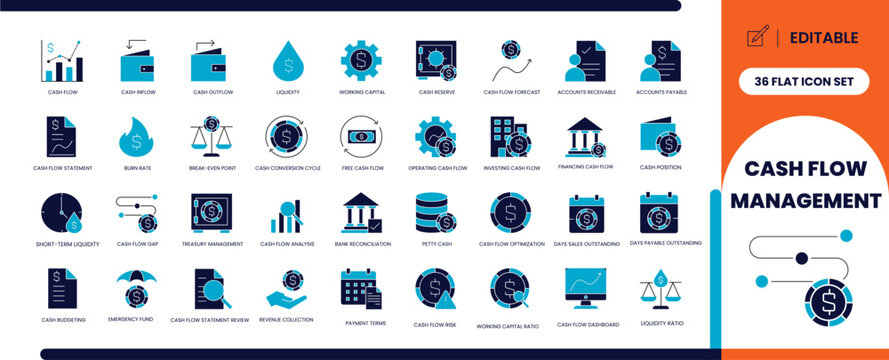 Cash flow management glyph icon set for business finance
