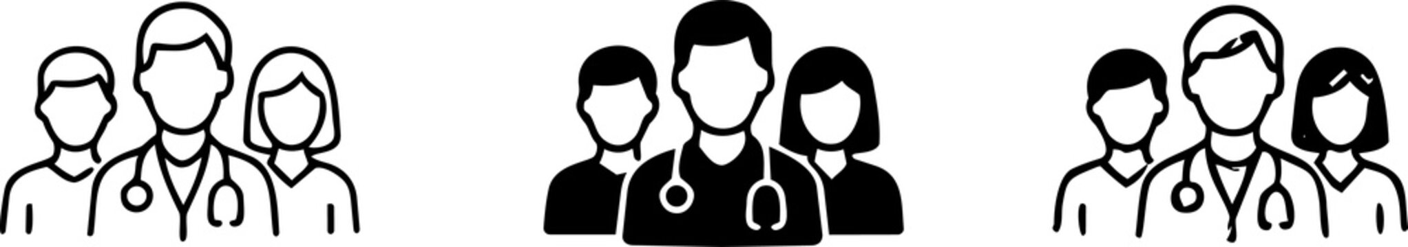 Three medical professional teamwork icons depicting doctors and staff