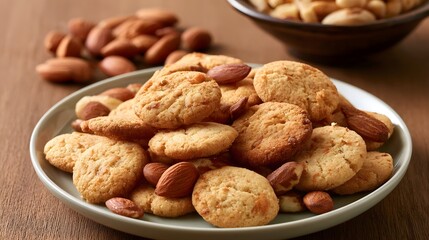 Fototapeta premium A plate of golden brown almond cookies with whole almonds scattered around on a wooden surface