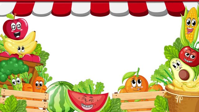 Cartoon Fruit and Vegetable Market Stall Frame with Copy Space