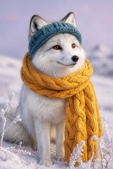 Fototapeta premium Adorable arctic fox wearing knitted scarf in snowy winter landscape