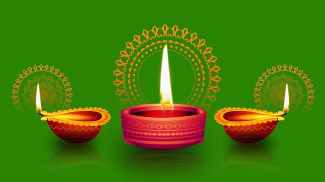 Traditional diya lamp frame with glowing lights and rangoli design isolated on green screen background