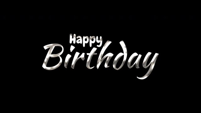Metallic white lettering happy birthday script typography for festive greeting cards, holiday celebrations, and special occasions. Suitable for birthday designs.