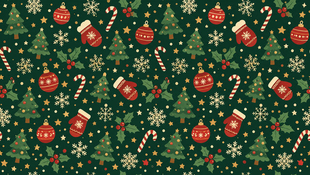Christmas pattern with trees, mittens and candy canes on green background