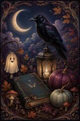 Fototapeta premium Gothic autumn still life with raven, moon, lantern, pumpkins