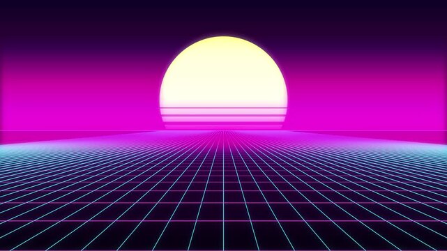 Retro 80s synthwave sunset with neon grid floor moving forward, seamless loop