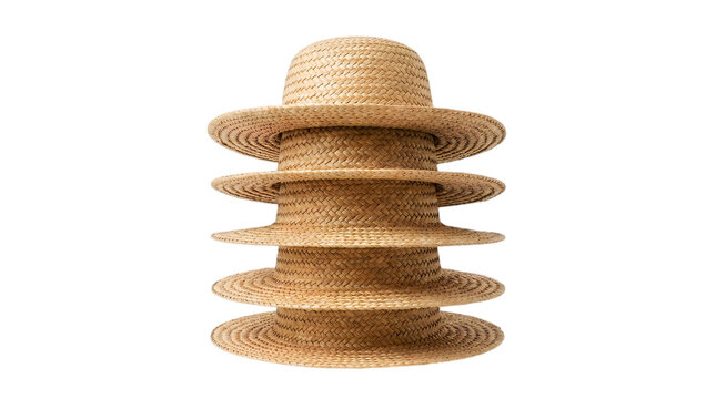 Vertical stack of five straw hats with wide brims isolated on a solid black background