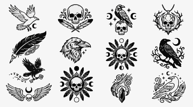 Elegant Gothic Black Crow Skull Moon Tattoo Design Collection Artwork