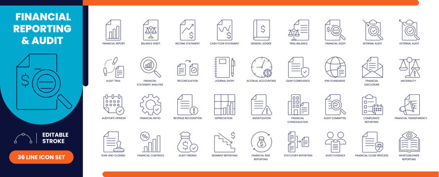 Financial reporting and audit line icon set with report, chart and magnifier icons