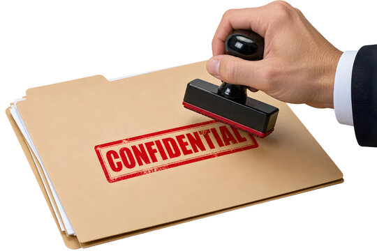 Confidential red stamp on manila folder, hand of businessman marking secret documents, professional file classification for sensitive corporate data. isolated PNG with Transparent Background