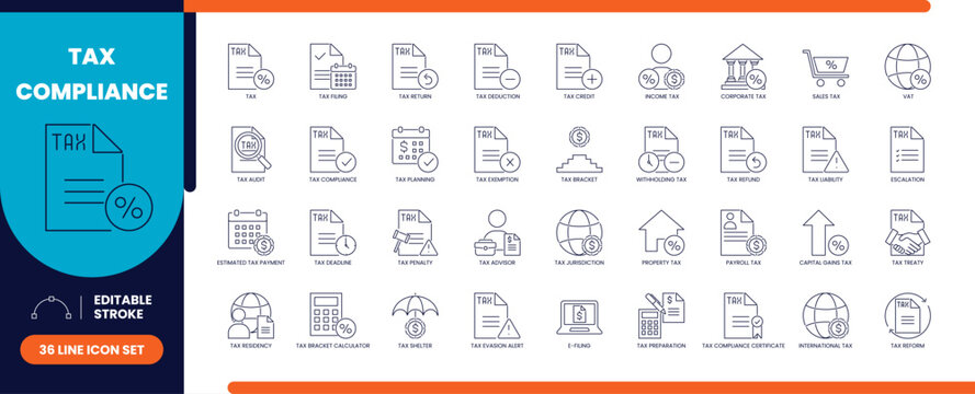 Tax compliance line icon set with tax forms, audit and legal document icons
