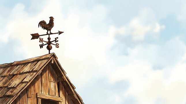 Watercolor illustration of a vintage weather vane with a rooster on a wooden barn roof against a cloudy sky