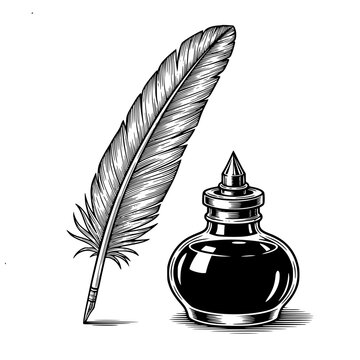 Feather and Inkwell, Vintage Illustration, Classic Writing Tools, Elegant Design, Antique Style, Detailed Ink Drawing, Decorative Graphic Element.