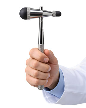 Neurological reflex hammer held by doctor, professional medical diagnostic instrument, chrome percussion hammer for healthcare checkup isolated PNG with Transparent Background