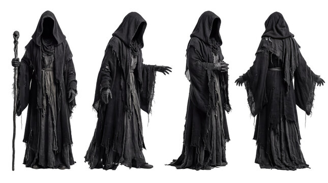Four mysterious hooded figures in tattered dark robes