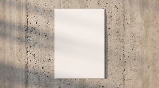 Blank white vertical poster mockup on minimalist concrete wall with soft shadows.