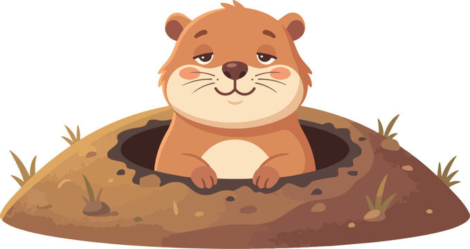 Gopher vector illustration of a brown groundhog character peeking out from a dirt burrow hole