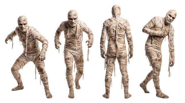 Scary mummy in bandages running and crawling on transparent background