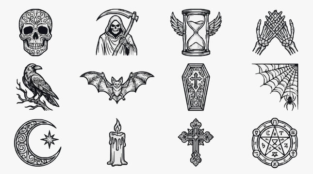 Elegant Gothic Symbols Collection Featuring Skulls Hourglasses and Occult Icons