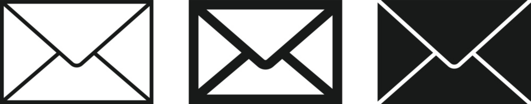 Email envelope icon collection featuring three monochrome designs in outline, bold and inverted styles, flat vector illustration isolated on white background for communication and interface design